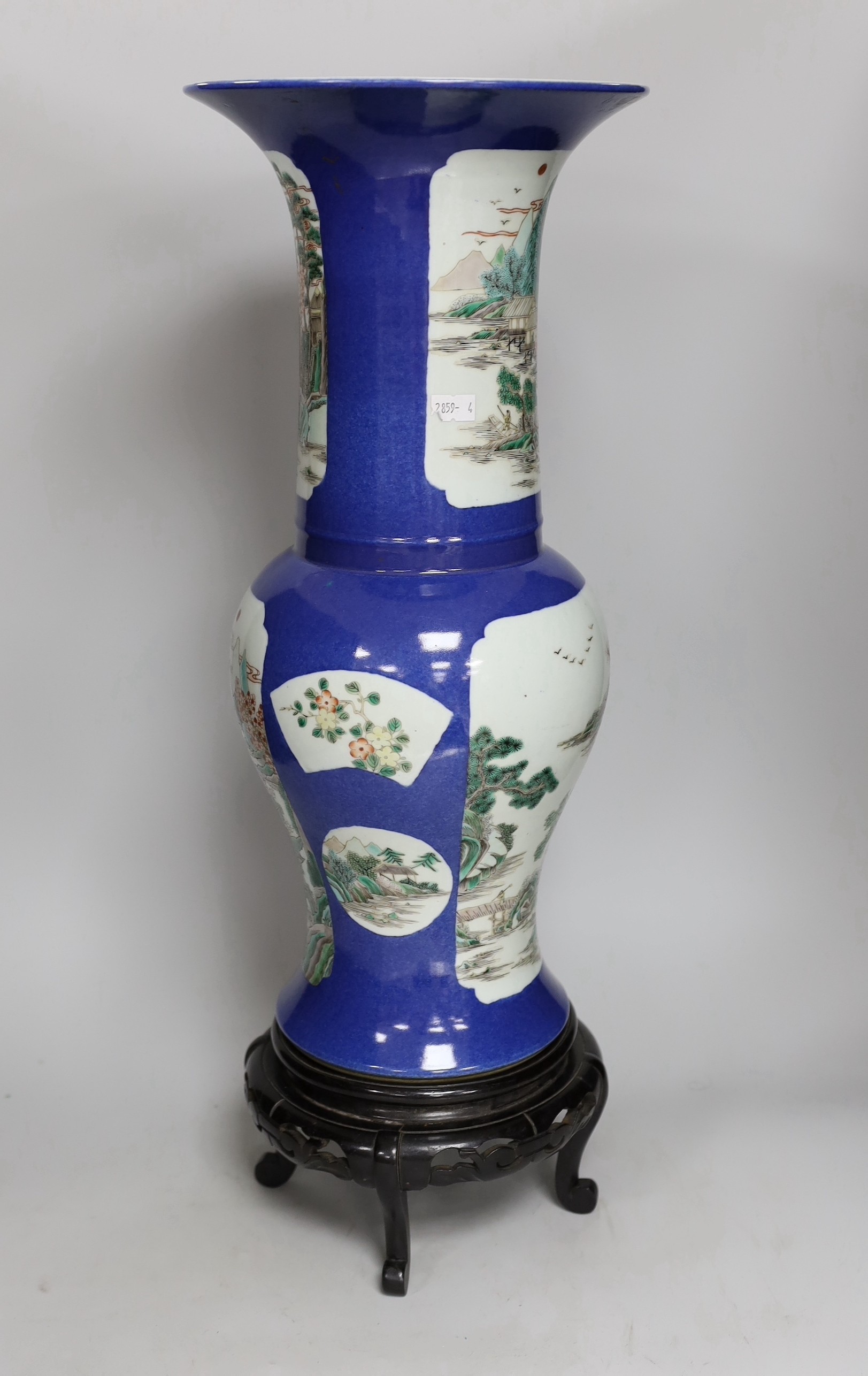 A Chinese famille verte powder blue yen-yen vase, on wooden stand, 58cms high, including stand